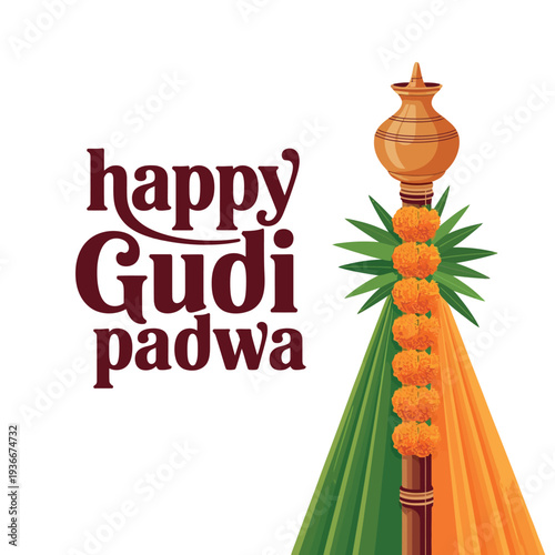 Happy Gudi Padwa Poster Traditional Gudi Pot Design with Marigolds and Leaves