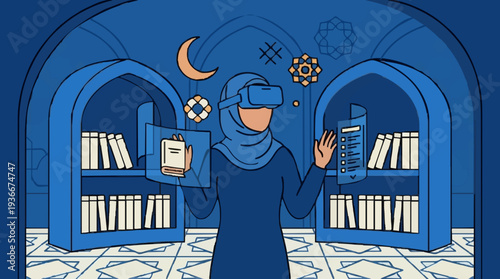 Woman Wearing Virtual Reality Headset Interacting with Digital Screens in a Modern Library with Islamic Architectural Elements and Crescent Moon Decor