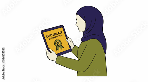 Woman in olive green shirt and blue hijab holding a certificate of completion with gold ribbon graphic in a white background illustration