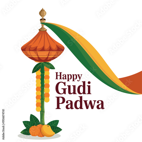 Happy Gudi Padwa Poster Traditional Gudi Pot Design with Marigolds and Leaves