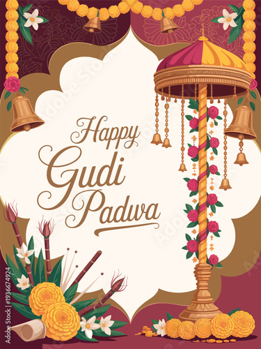 Happy Gudi Padwa Festival Poster with Traditional Gudi and Floral Design