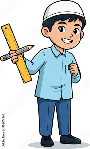 Boy Student Happily Holding a Ruler and Pencil for Education