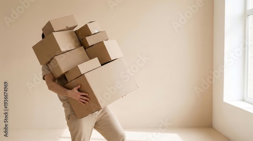 A person carries a very large and heavy stack of cardboard boxes appearing to struggle with the excessive load during a move