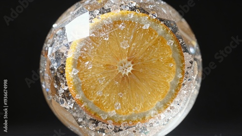 Close up of an orange slice covered in sugar crystals, inside a glass sphere