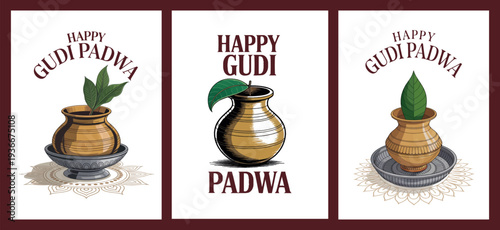 Happy Gudi Padwa Festival Poster Gudi Pot and Leaf Design