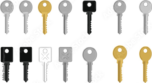 House keys collection with different metal key designs, security lock keys set isolated flat vector illustration