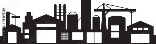 Industrial factory buildings silhouettes vector illustration, power plant construction