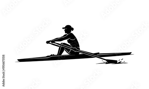 A black and white silhouette illustration of a single scull rower practicing on calm water, isolated on white background. Perfect for sports and fitness designs.