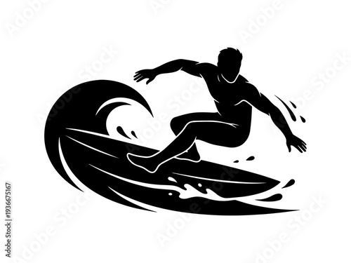 A minimalist black and white silhouette of a male surfer catching a big wave. Ideal for sports logos, t-shirt prints, and summer adventure themes.