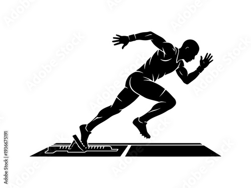 A high-contrast vector silhouette of a male athlete at the explosive start of a sprint race. Ideal for sports, motivation, and athletic competition themes.