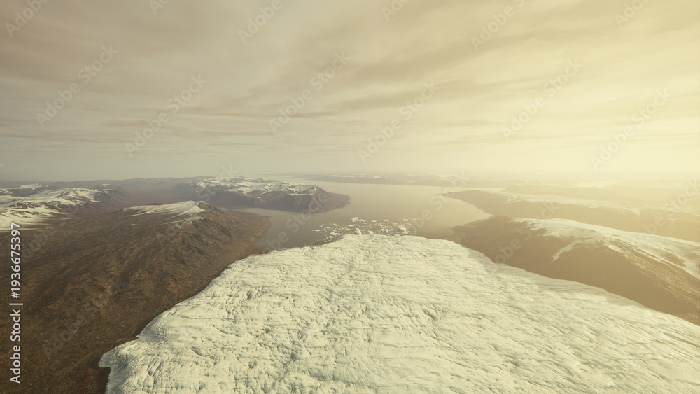 Fototapeta premium A stunning landscape shows a massive glacier stretching towards a calm ocean as the sun sets in the background. The warm light enhances the natural beauty of this remote area.