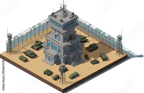 Isometric military base vector illustration with command tower, tanks, armored vehicles, and barbed wire fence for gaming and defense concepts, comma.