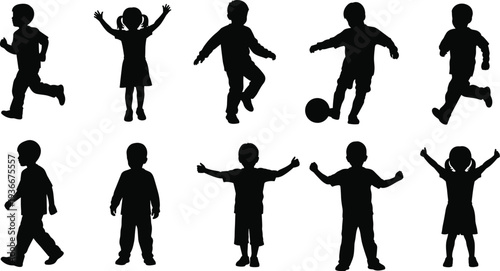 Set of Children Silhouettes Featuring Happy Kids Running, Playing Soccer, Jumping, and Walking for Youth Activities, Childhood Growth, and Family Designs