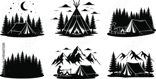 Outdoor Camping Vector Set with Mountains, Pine Forest, Tents, Campfires, and Night Sky Illustrations for Wilderness Adventure and Nature Travel Designs