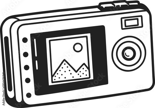 Digital compact camera with lcd screen displaying preview, simple black and white line art illustration
