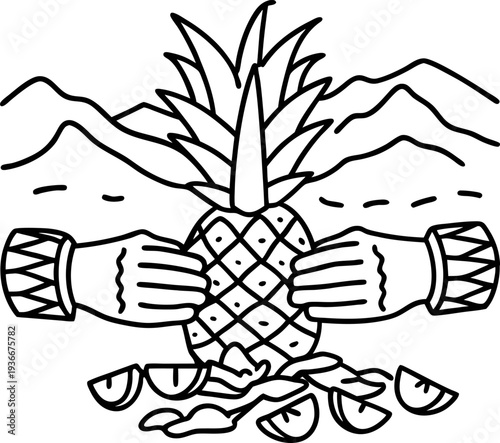 Hands holding pineapple with lemon slices and peels, tropical fruit illustration with mountain background