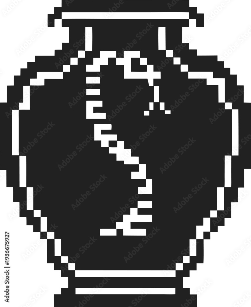 Fototapeta premium pixel art black vase icon with white crack and jagged design, ancient pottery silhouette symbol