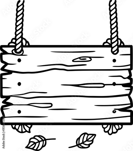 Rustic wooden signboard hanging on ropes with falling autumn leaves, sketch outline illustration