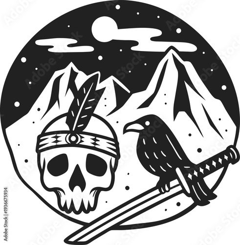 Skull with feather headband, raven perched on sword, mountain landscape under moonlit night sky