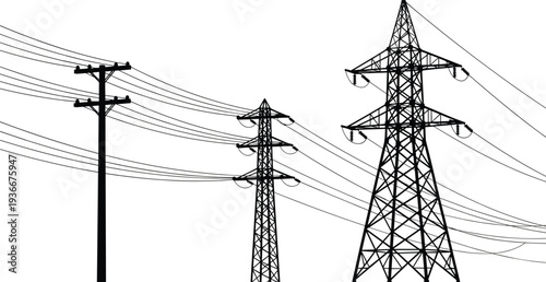 Electricity transmission towers and utility poles with power lines silhouette set, high voltage electric grid infrastructure for energy distribution isolated on white background