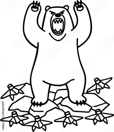 Angry bear standing on ice floes surrounded by footprints with sharp claws and roaring expression