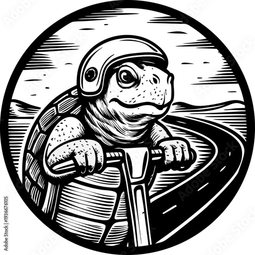 Turtle riding scooter wearing helmet on winding road in circular frame black and white illustration