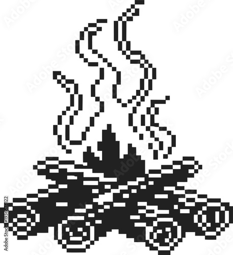 Pixel art campfire with smoke, burning logs, flame illustration, retro digital icon