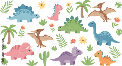 Cute dinosaur cartoon vector set with stegosaurus, triceratops, brachiosaurus and pterodactyl characters, colorful prehistoric animals with plants and flowers for kids nursery design, stickers, prints