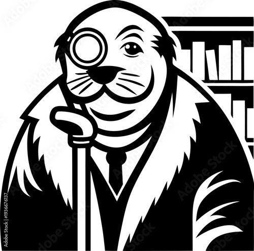 Elegant walrus wearing monocle and suit holding cane, vintage gentleman character with bookshelves background