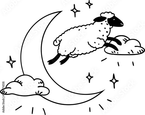 Sleeping sheep jumping over crescent moon and clouds with stars in night sky