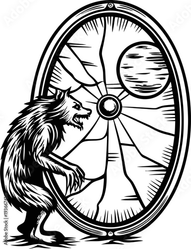 Werewolf creature approaching a mysterious circular portal with moon and night sky reflection