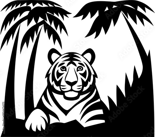 Tiger in jungle with palm trees silhouette, wild animal resting in natural habitat design