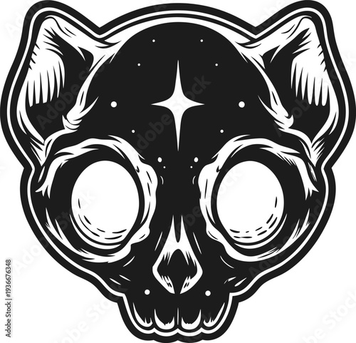Mystical skull design with bear like ears and cosmic star details in monochrome