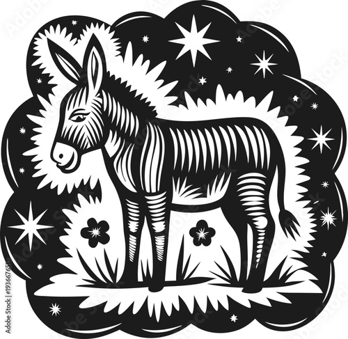 Black and white illustration of a donkey standing with stars and flowers in a stylized night scene