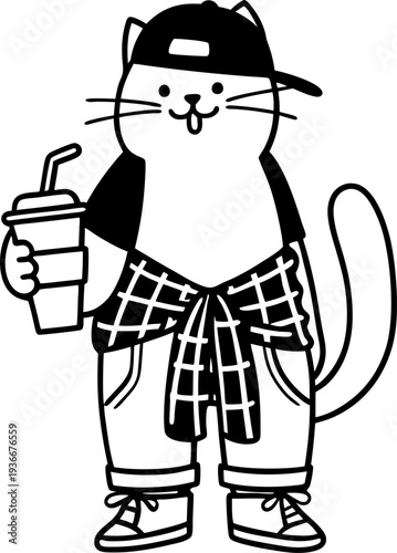 Cool cat wearing cap and sneakers holding a drink with straw in casual streetwear