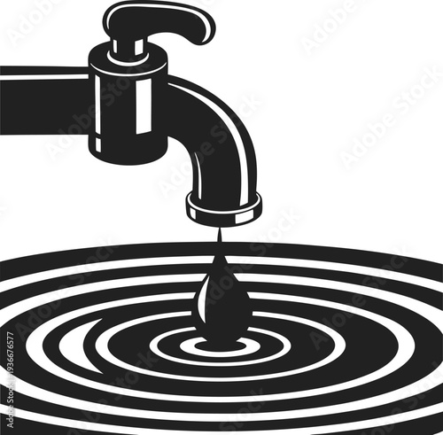 Black water faucet dripping a single drop into rippling water surface, clean liquid conservation concept