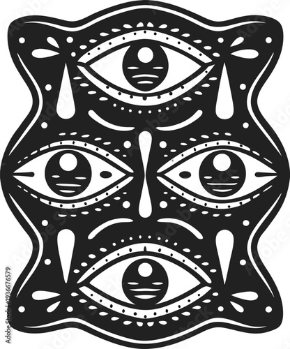 Abstract tribal design with four symmetrical eyes and decorative patterns in black and white