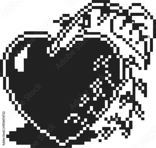 Pixel art black heart wrapped with barbed wire, vintage digital icon symbolizing pain and protection