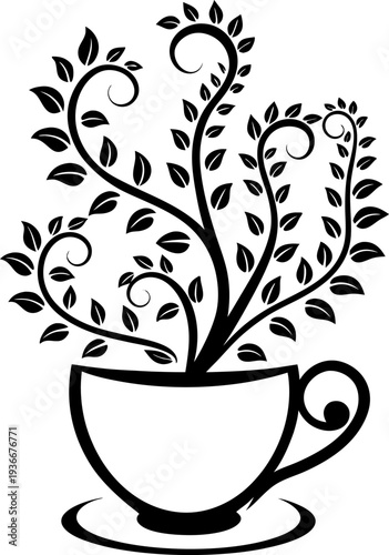 Elegant black silhouette of a teacup with swirling vine and leaves growing inside, nature inspired design