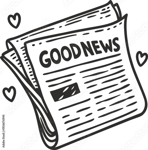Good news newspaper illustration with hearts, positive message and happy announcement concept