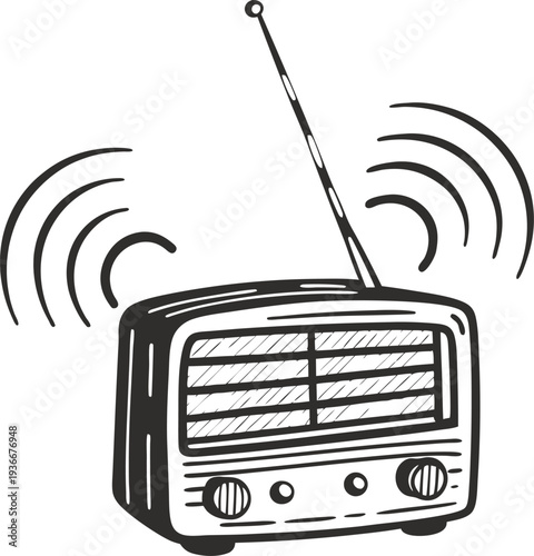 retro radio with antenna broadcasting signals, vintage communication device emitting waves