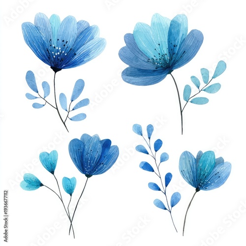 Four watercolor blue floral arrangements on white background