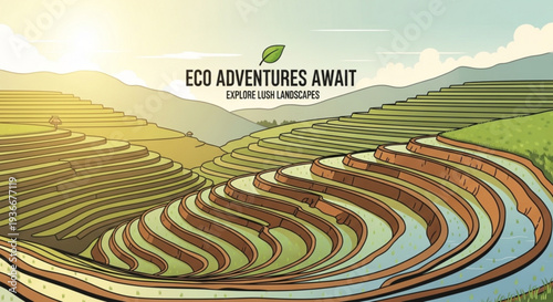 Eco friendly terraced rice fields landscape with mountains and sunny sky ideal for sustainable travel and adventure concepts