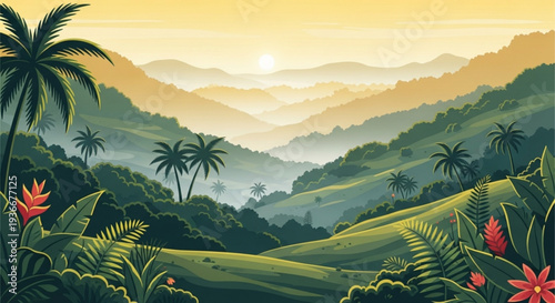 Tropical landscape with palm trees and mountains at sunset serene natural scenery with lush greenery and vibrant flowers