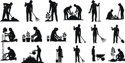 Gardening and landscaping silhouettes collection showing gardeners planting trees, watering plants, digging soil, raking leaves and pushing wheelbarrow isolated on white background vector set