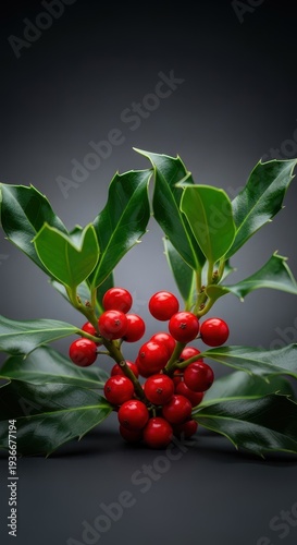 Serene close-up of vibrant holly sprigs and berries, softly illuminated, evoking a feeling of calm, quiet winter simplicity, serene, tradition, berry