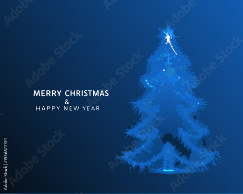 Festive blue christmas tree with holiday greetings on a dark background