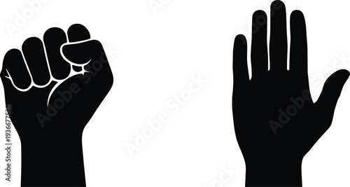 Raised Fist Open Hand Gesture Silhouettes Protest Support Vector Illustration Isolated