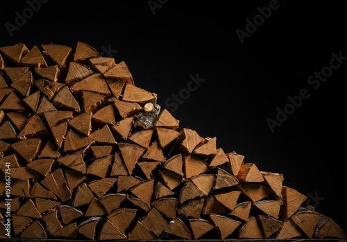 A massive, neatly organized stack of split logs and chopped kindling prepared for use in a fireplace or wood-burning stove during cold weather ,chopped ,log pile ,background