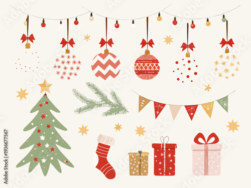 Festive christmas decorations including ornaments trees gifts and string lights